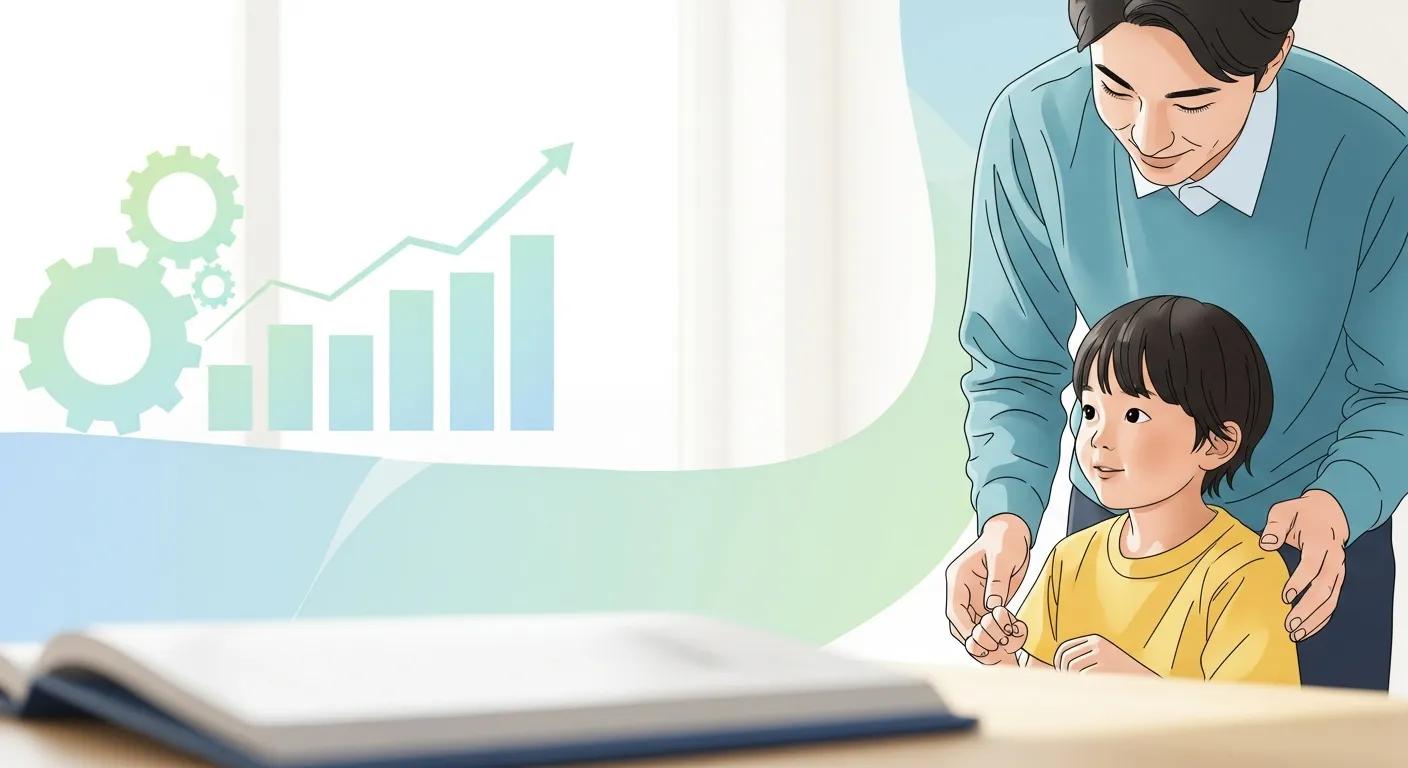 Father assisting child with learning, featuring gears and a growth chart in the background, symbolizing ABA parent training benefits for child development.