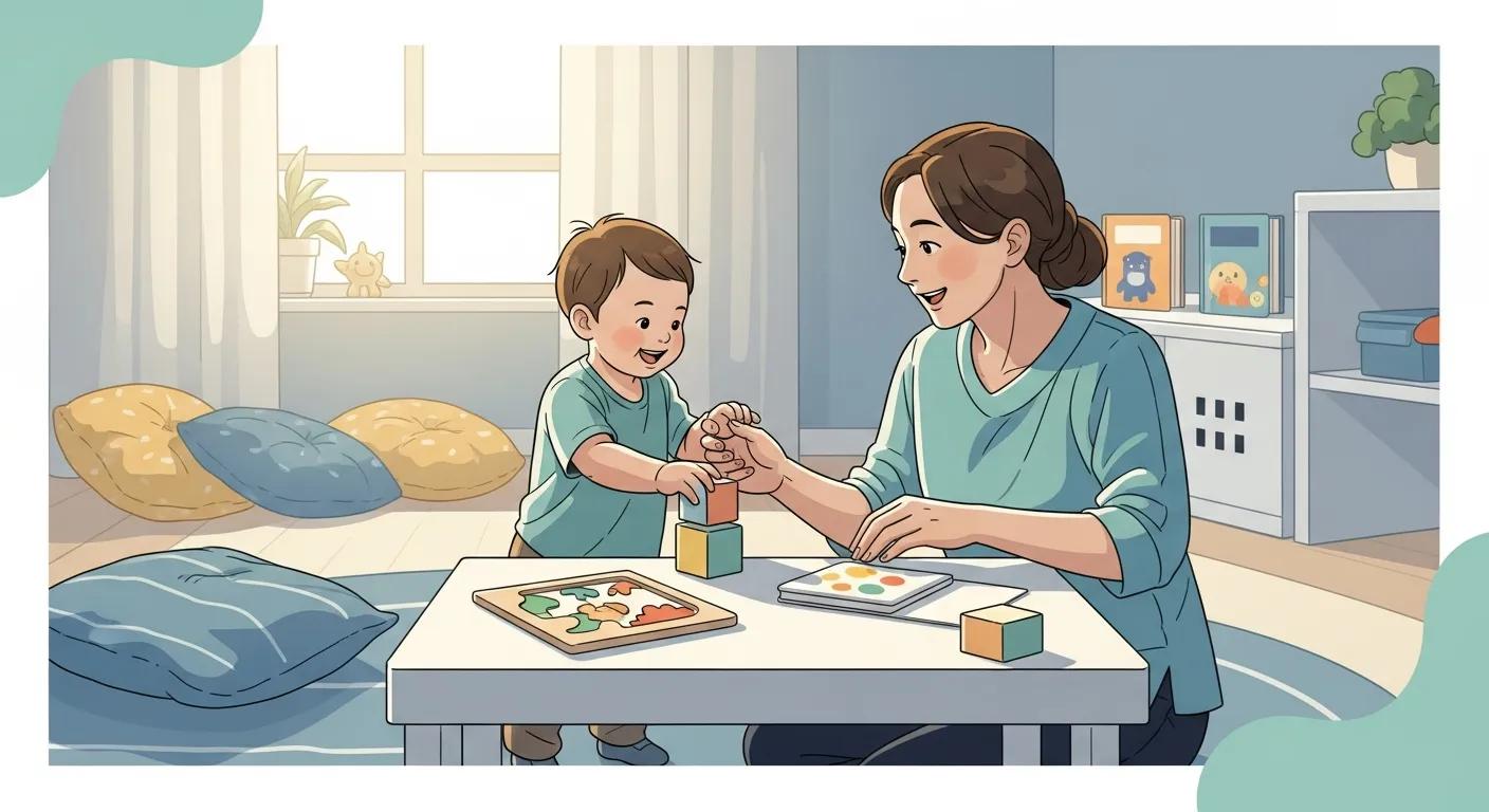 Mother and toddler engaging in play with building blocks and puzzles in a bright, inviting learning environment, illustrating the supportive atmosphere of ABA therapy for early childhood development.