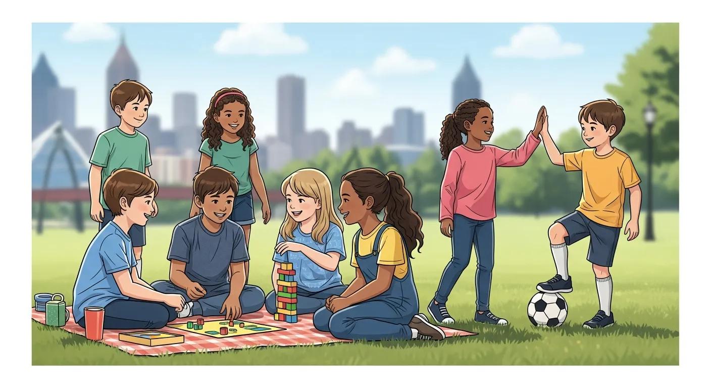 Children playing and interacting in a park setting, engaging in games and social activities, reflecting the essence of ABA social skills groups at Chroma Early Learning Academy.
