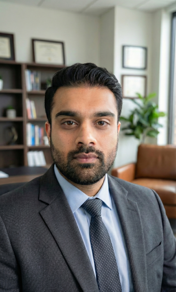 Charanjeev Singh, Chief Executive Officer of Early Start, in a professional suit, seated in an office setting with bookshelves and framed certificates in the background, promoting inclusive pediatric therapy leadership.