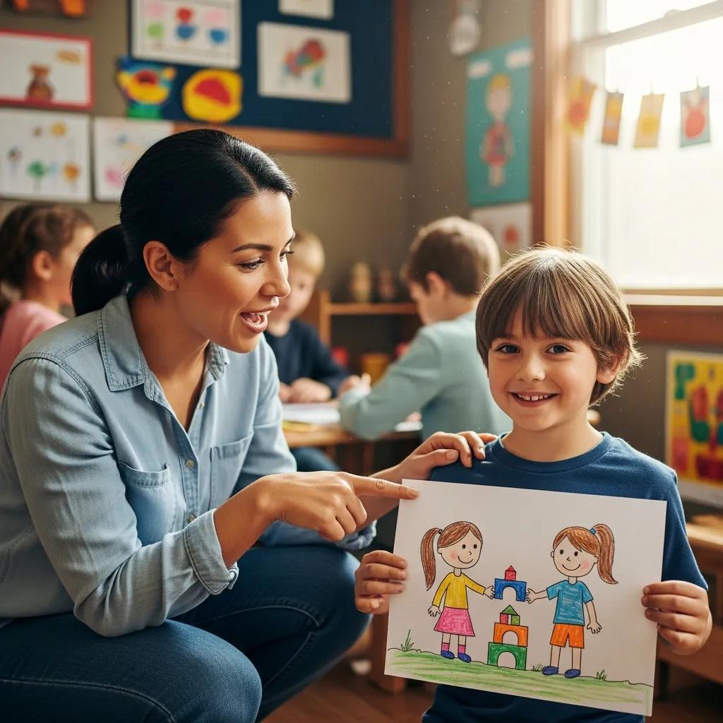An educator praising a child for sharing, demonstrating effective praise strategies in early childhood education