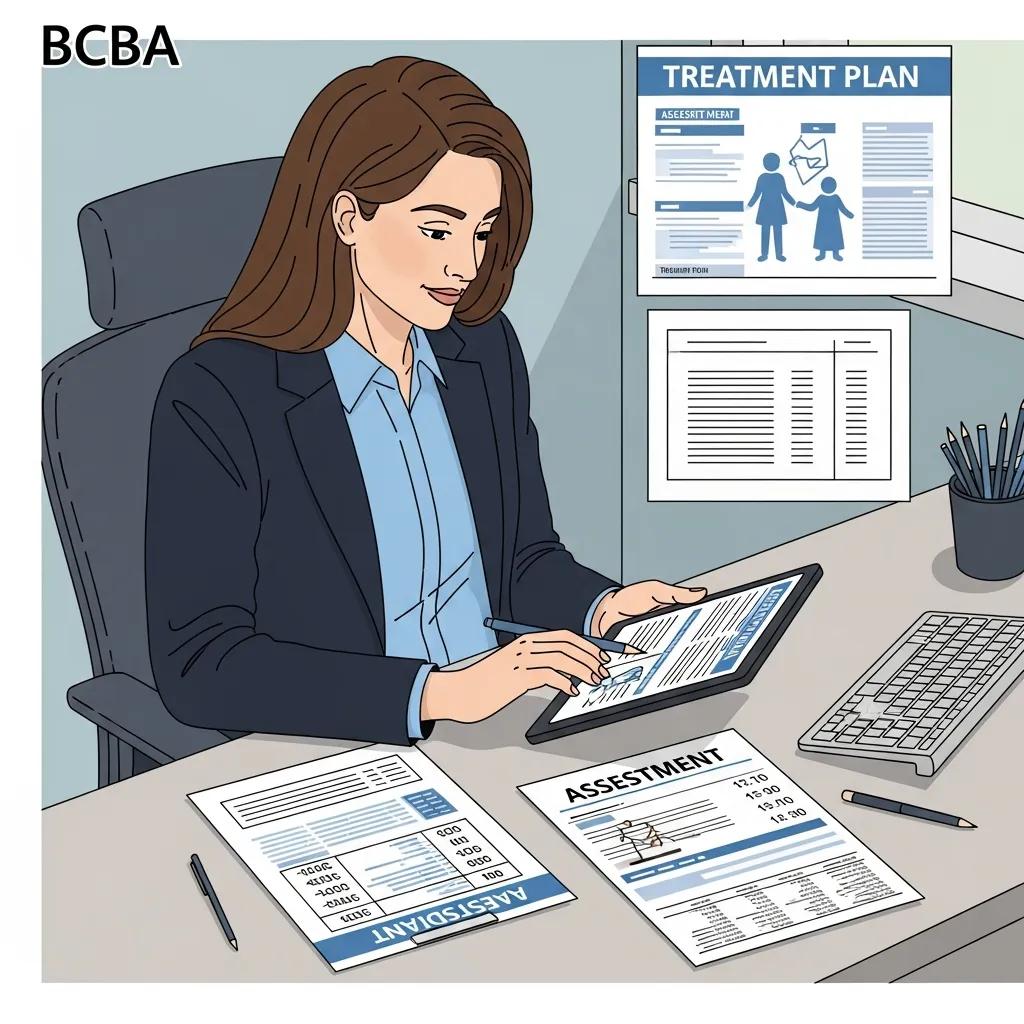 BCBA reviewing a treatment plan on a tablet in a professional office setting, with assessment documents and treatment plan visible on the desk.