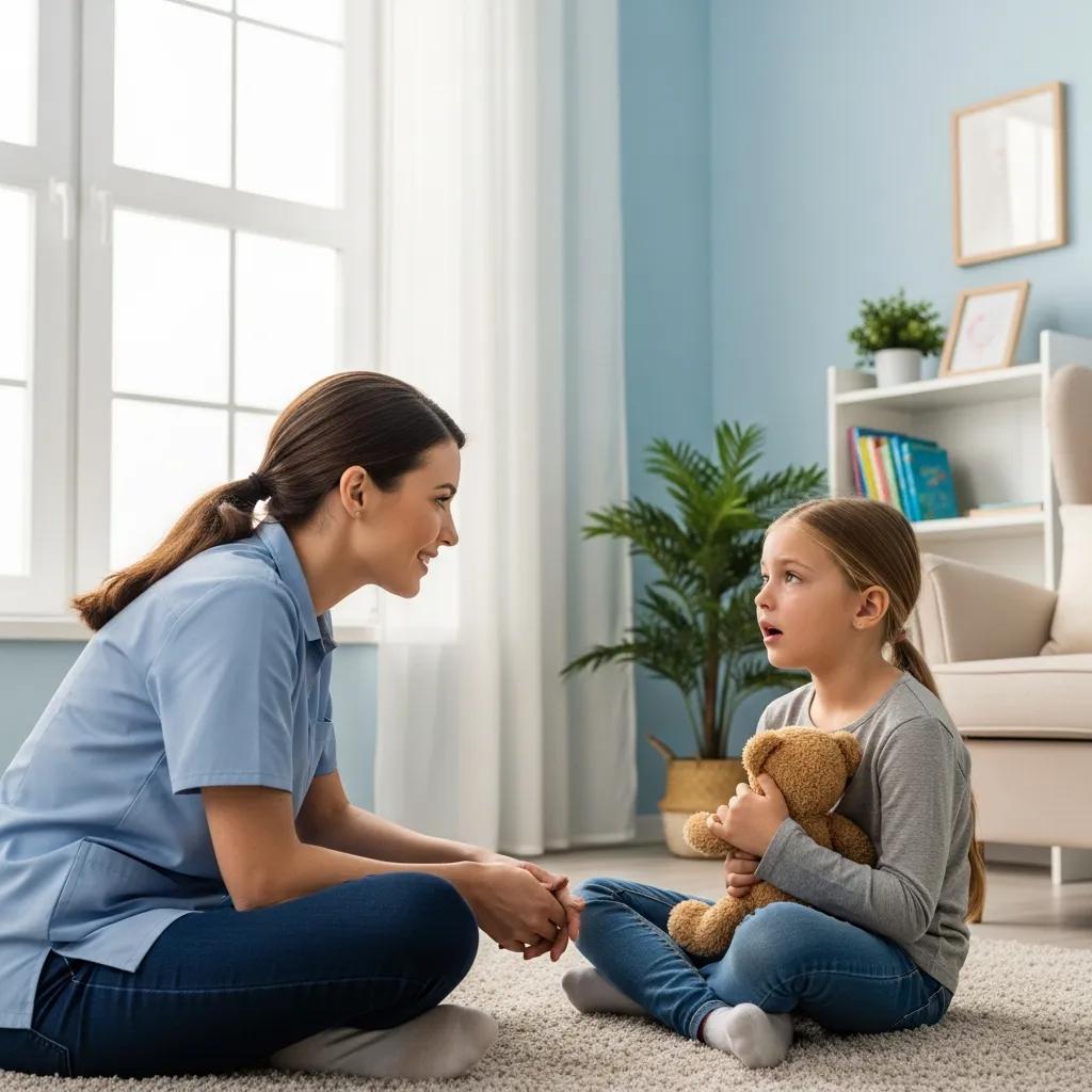 Cuidador escuchando activamente a un niño, demostrando técnicas efectivas de desescalada en un ambiente tranquilo