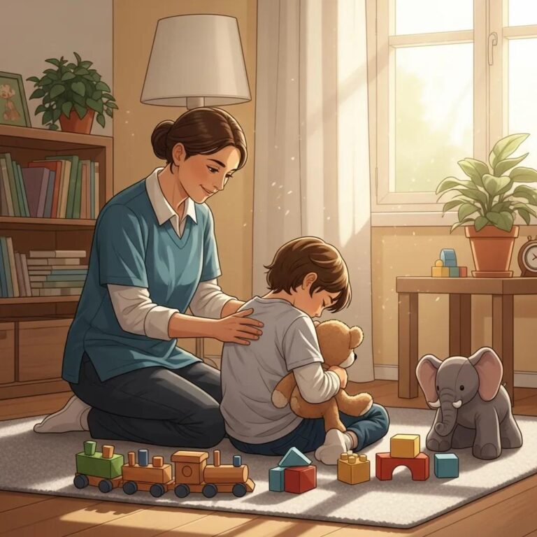 Caregiver calming a child in a cozy environment, highlighting emotional support and positive discipline
