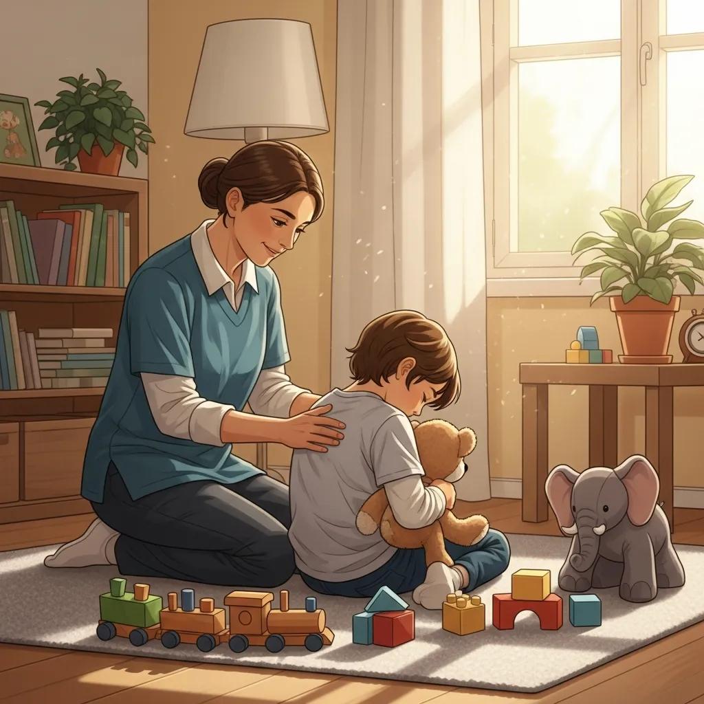 Caregiver calming a child in a cozy environment, highlighting emotional support and positive discipline