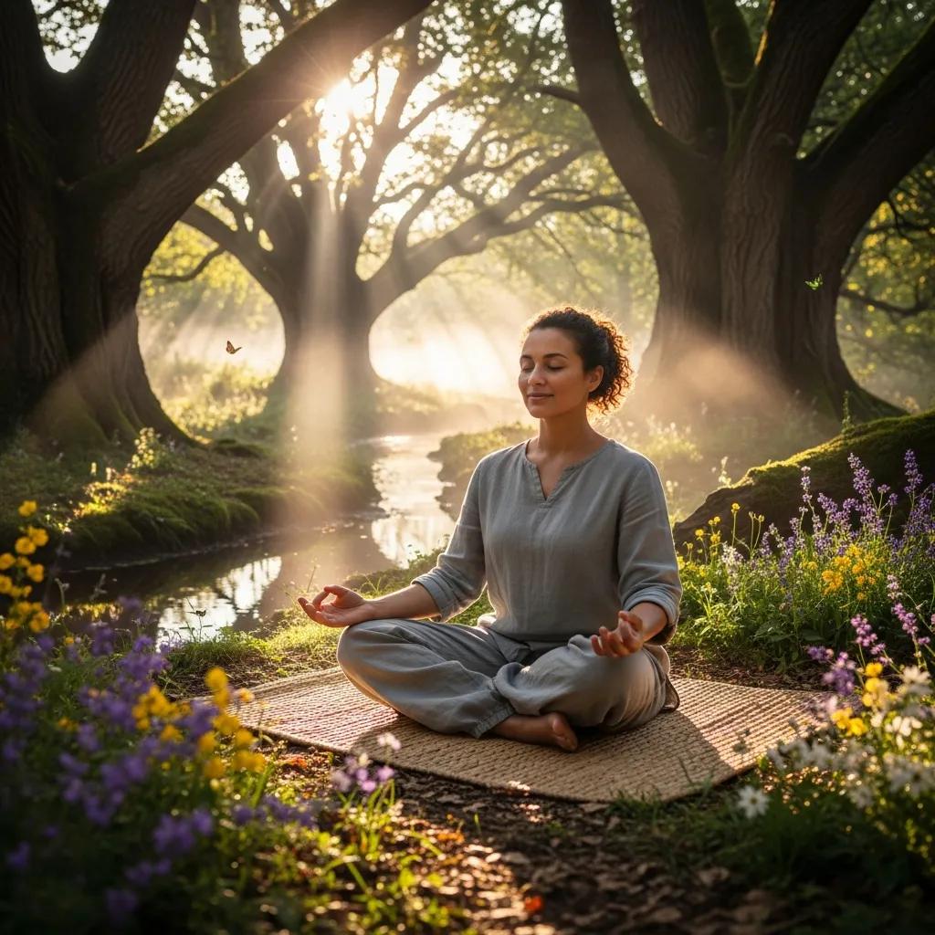 Cuidador practicando mindfulness al aire libre, enfatizando la importancia del autocuidado para manejar el estrés y apoyar a los niños