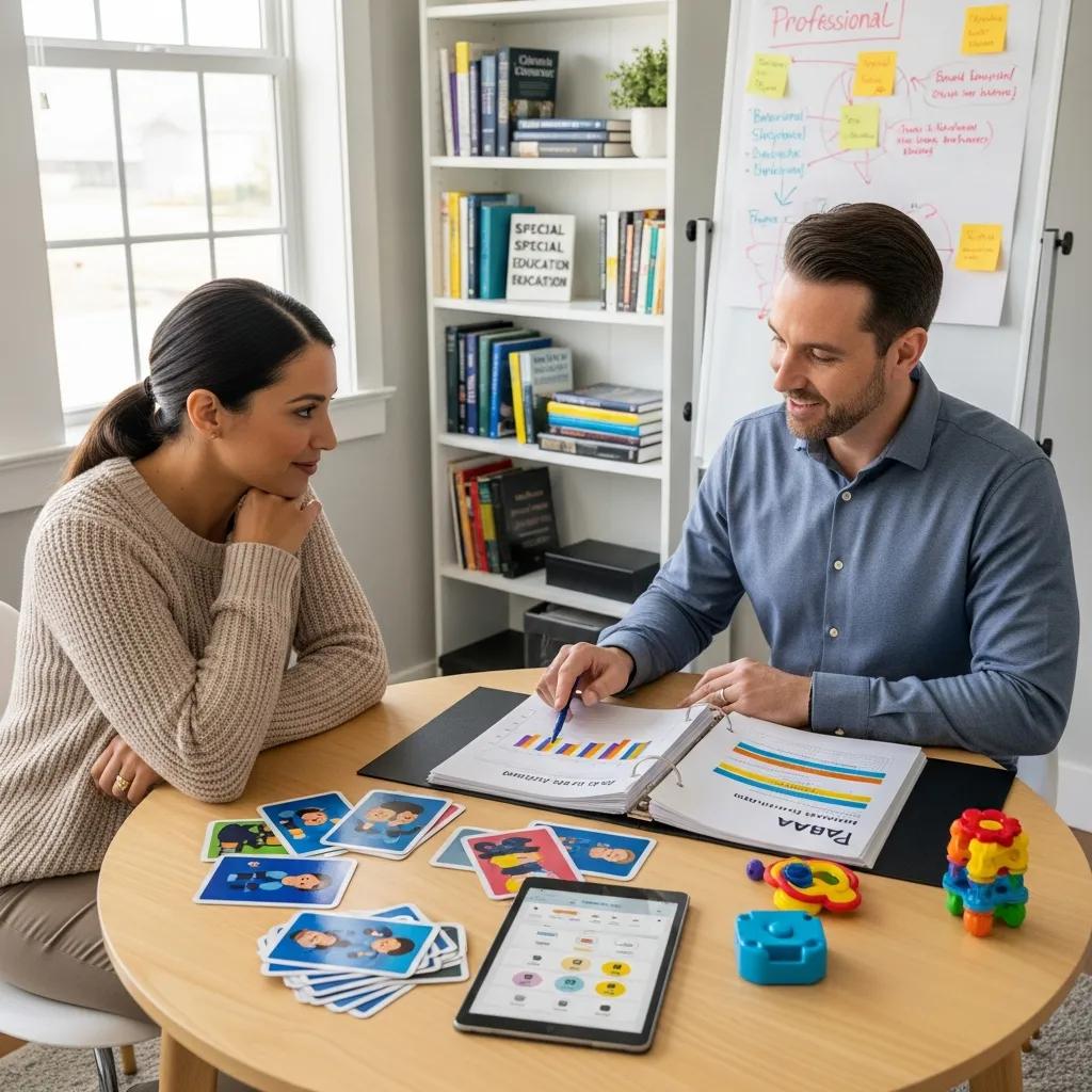 Caregiver receiving coaching on ABA techniques in a supportive environment