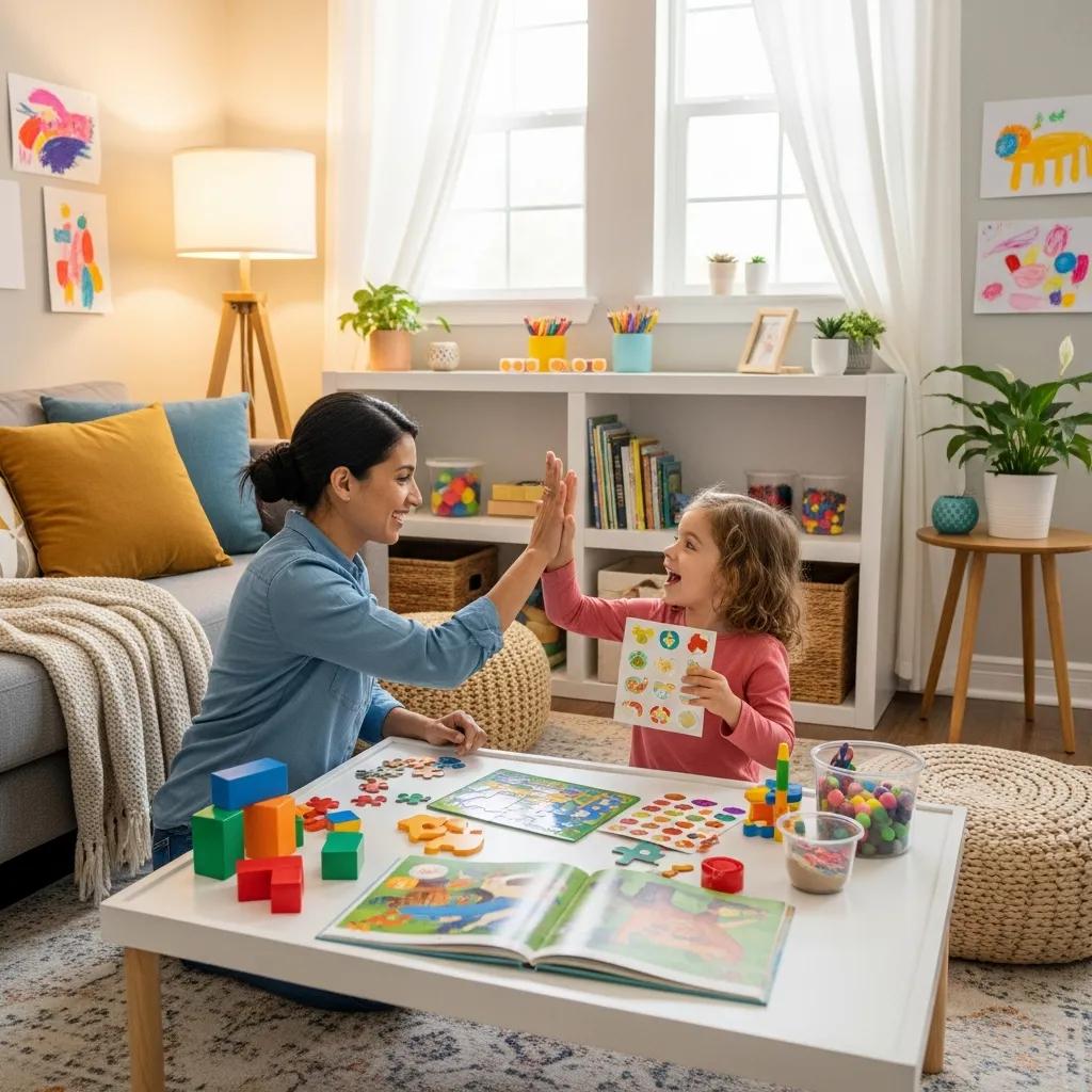 Caregiver using ABA techniques with a child in a cozy living room, demonstrating positive reinforcement strategies