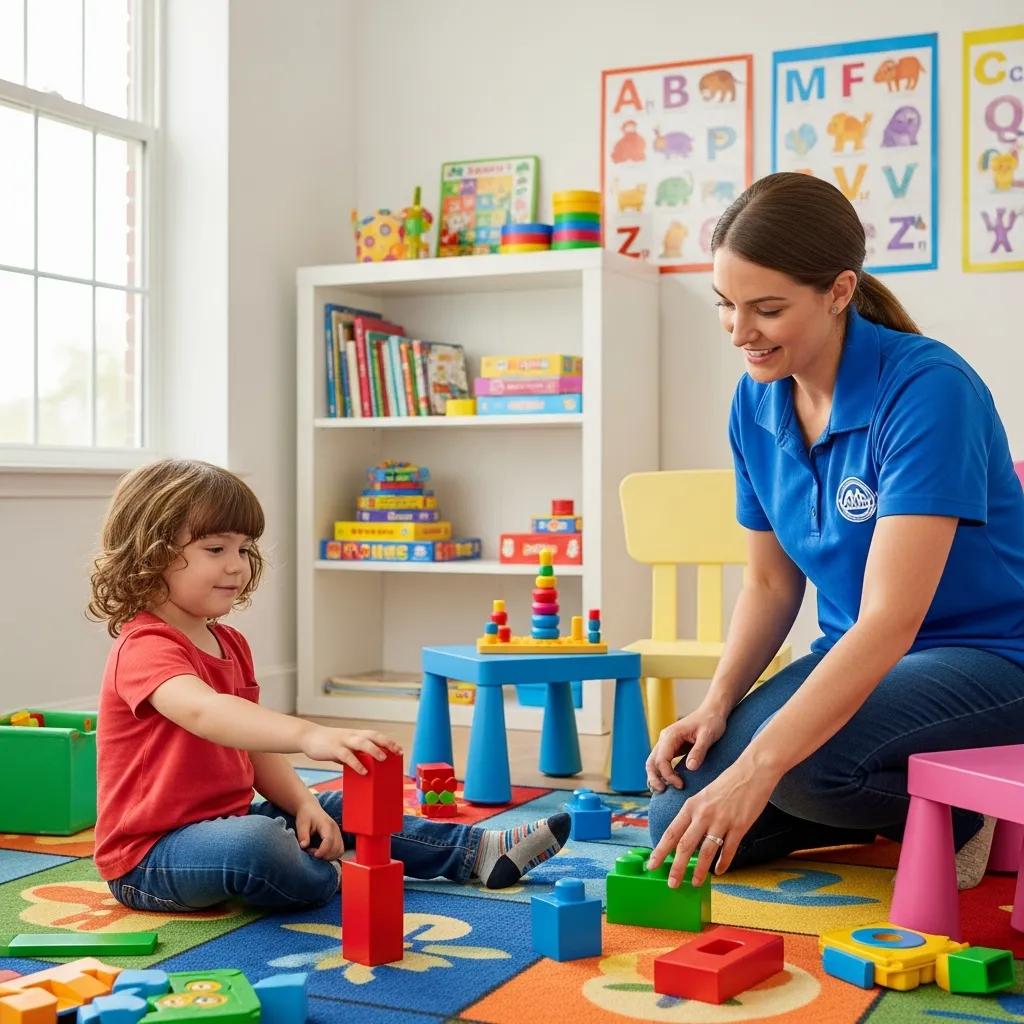 Child engaged in ABA therapy session with therapist, using colorful building blocks in a bright, playful learning environment, promoting cognitive and social development for children with ASD.
