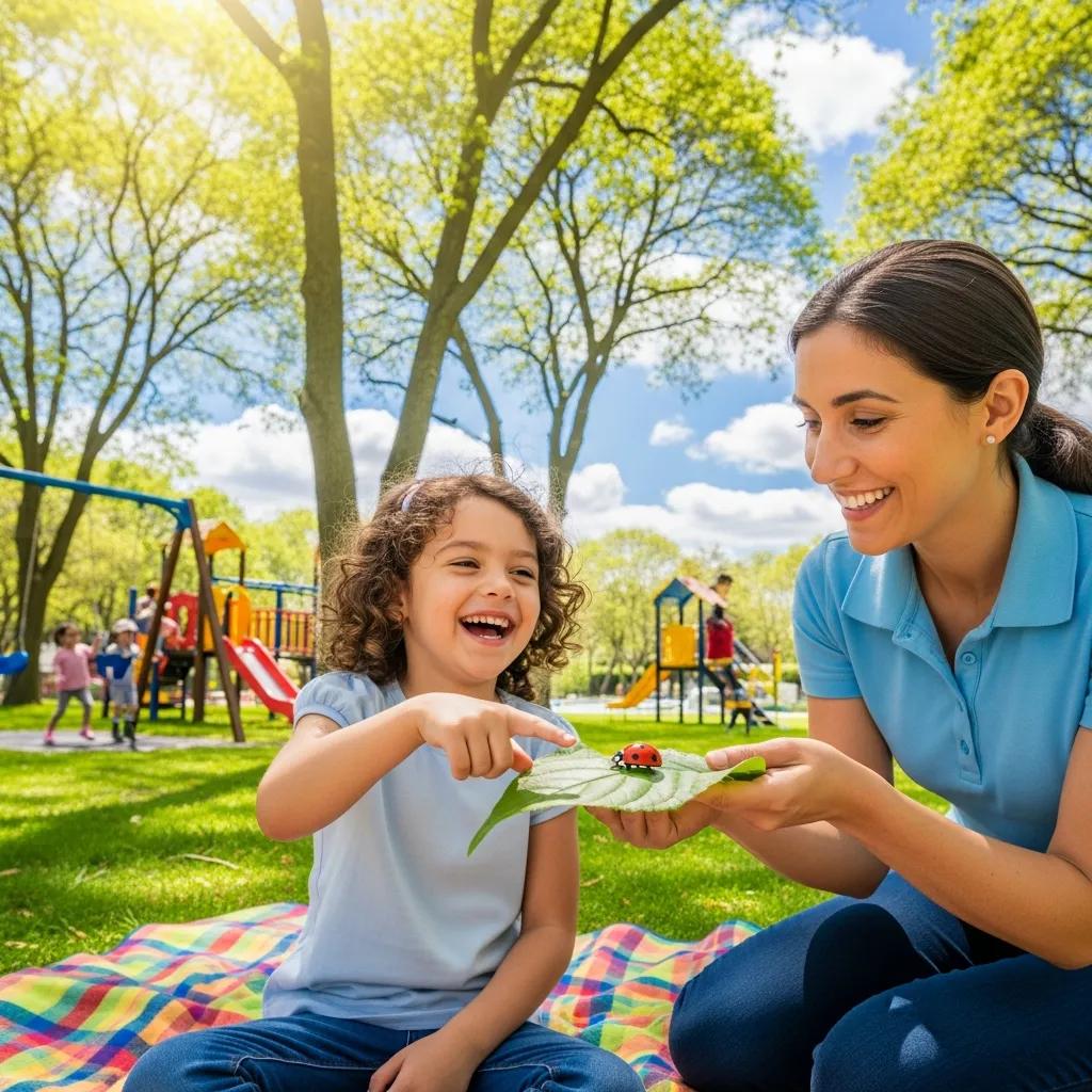 Child engaging in Natural Environment Teaching with a therapist in a park, promoting child development