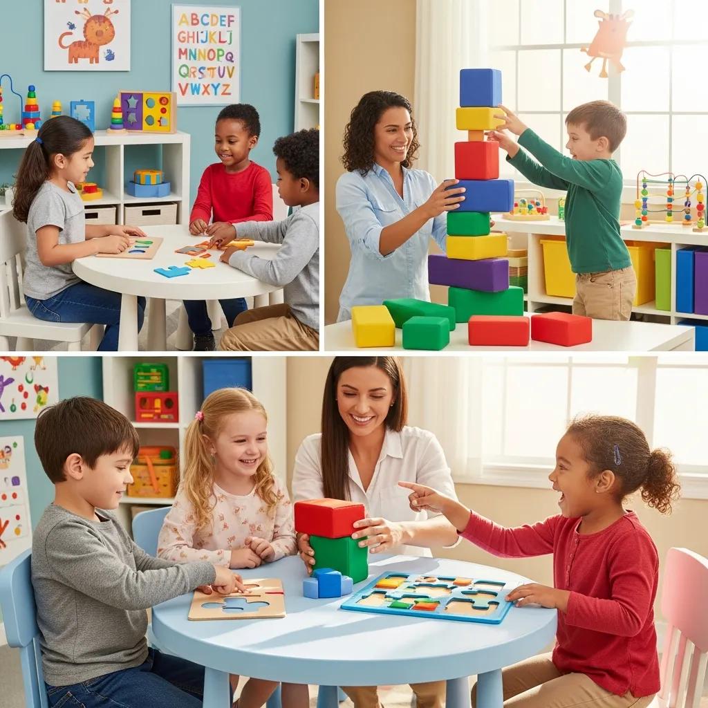 Children engaged in early intervention therapy activities, promoting communication and social skills through collaborative play with educational toys and puzzles, supported by clinicians in a colorful learning environment.