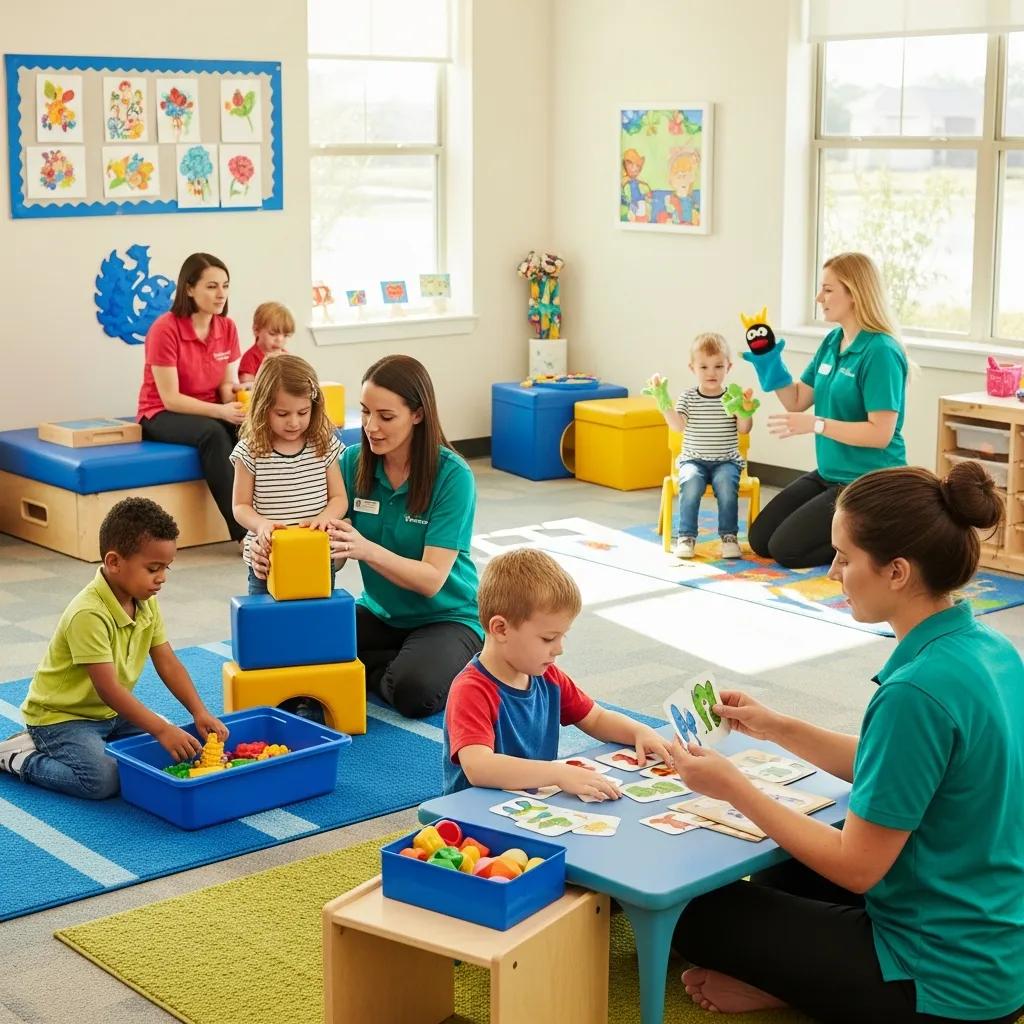 Children engaged in various early learning programs, illustrating support for challenging behaviors in a vibrant setting