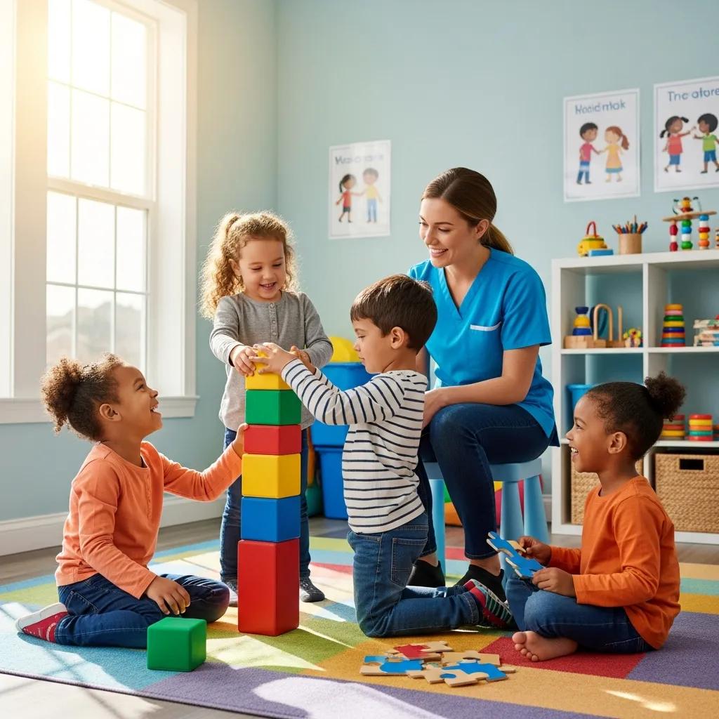 Children engaging in a social skills activity with a therapist, illustrating the benefits of early intervention and ABA therapy