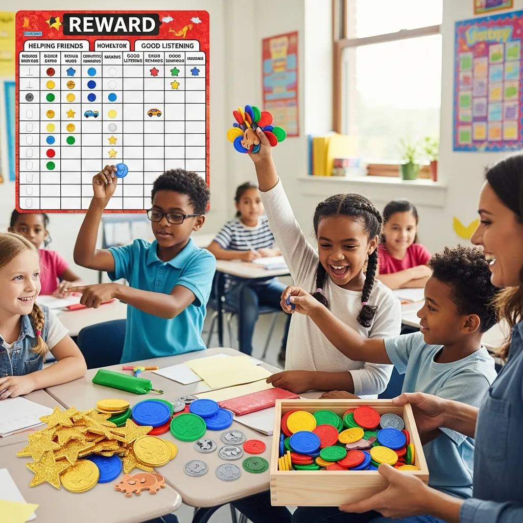 Children exchanging tokens for rewards in a classroom, illustrating the token economy system in early childhood education