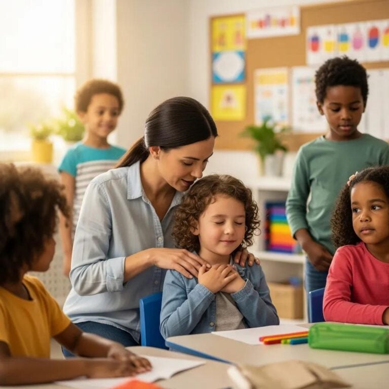 Classroom scene illustrating effective de-escalation techniques in early childhood education