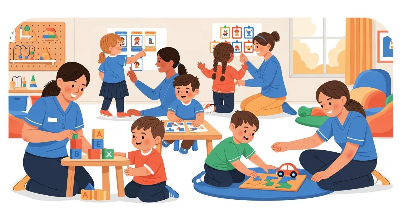 Children engaging in play activities with educators in a colorful classroom, focusing on building blocks, puzzles, and interactive learning, emphasizing early childhood development and ABA therapy techniques.