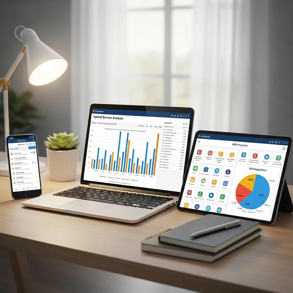 Digital tools and software for ABA data tracking displayed on a modern workspace