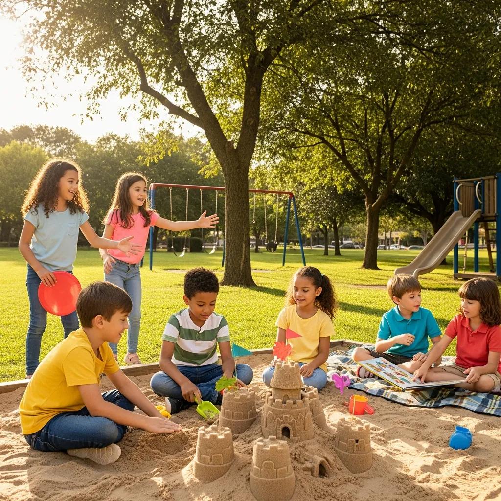 Diverse group of children playing in a park, building sandcastles and engaging in social interaction, illustrating the development of social skills and communication in early childhood.