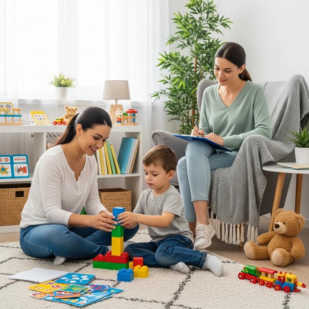 Family engaged in ABA therapy session at home, mother and child building with colorful blocks, clinician observing and taking notes, emphasizing active participation and support in assessment process.