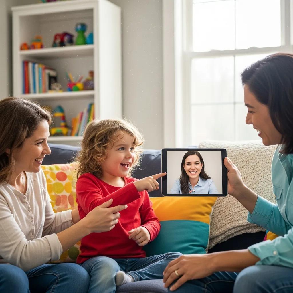 Familia participando en una sesión virtual de terapia ABA con un terapeuta en una tableta