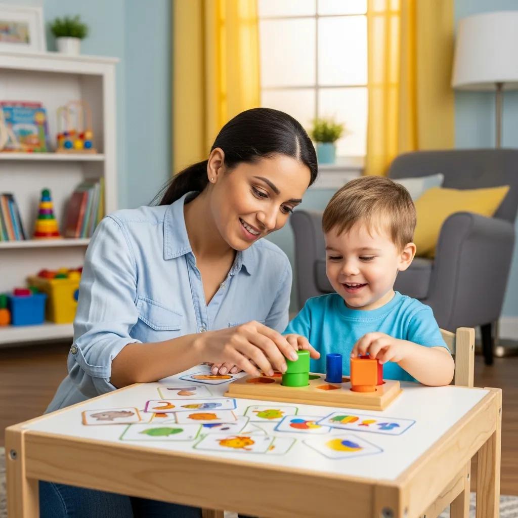 Padre e hijo colaborando en actividades de terapia ABA en casa