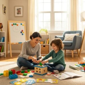Parent and child engaging in a playful learning activity at home, highlighting the importance of parent coaching in ABA
