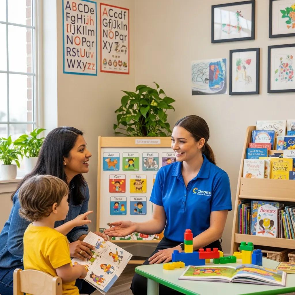 Parent and child interacting with staff during enrollment at Chroma Early Learning Academy, showcasing a supportive environment for developing social skills through play and communication.