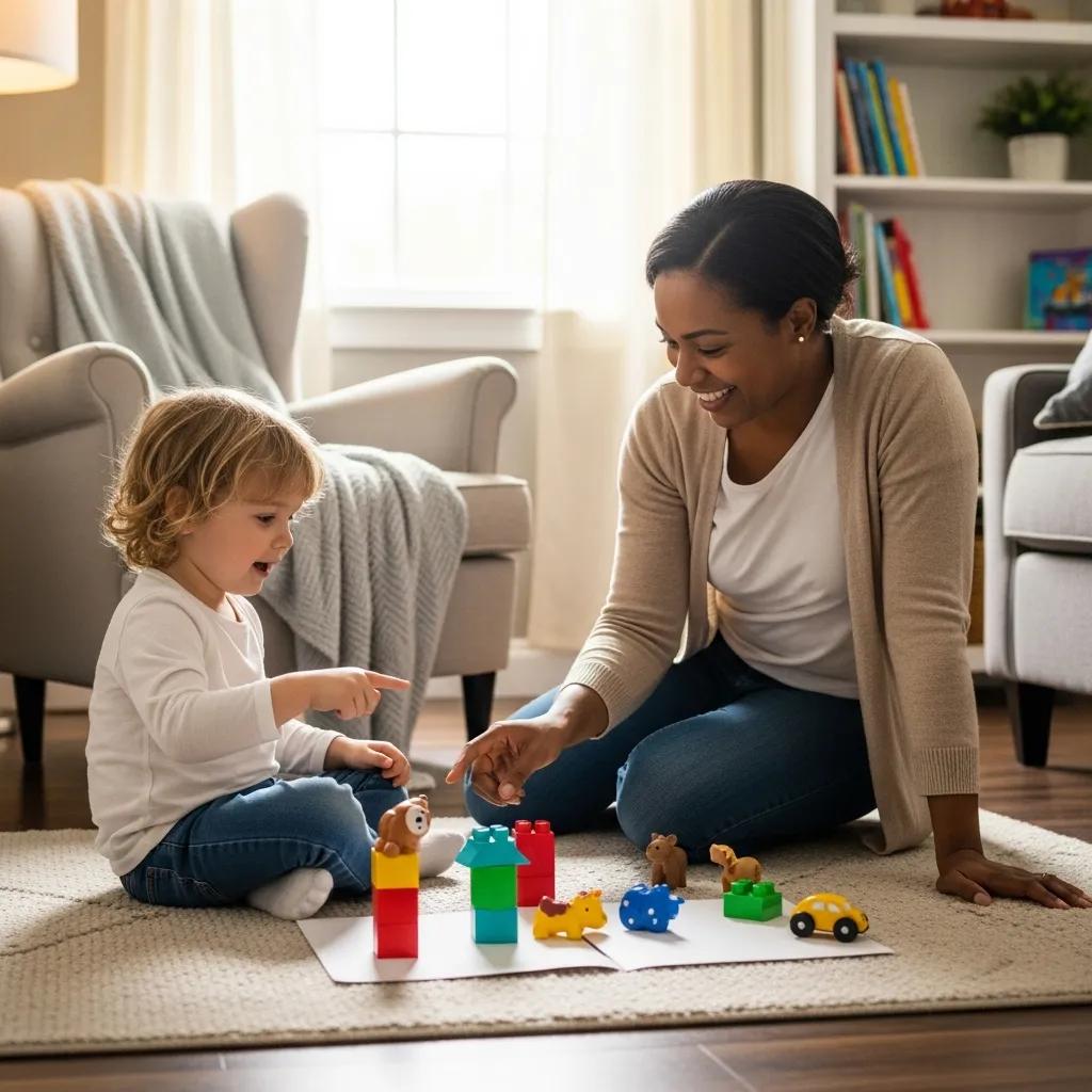 Parent and child engaging in ABA therapy activities at home, using colorful toys and building blocks in a cozy living room setting, emphasizing parental involvement in skill reinforcement.