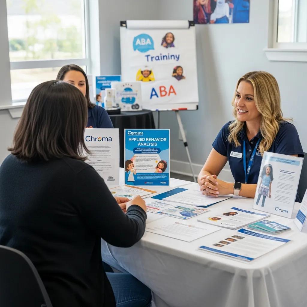 Parent engaging with a Chroma Early Learning Academy facilitator during an ABA therapy training session, discussing educational materials and resources for supporting child development.