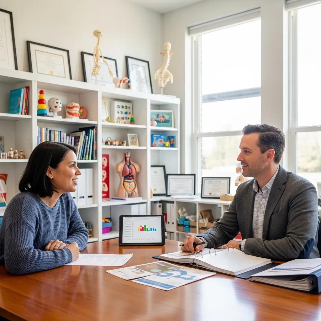 Parent consulting with a specialist about Functional Behavior Assessment services, emphasizing engagement and support