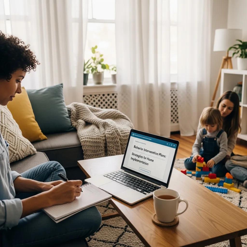 Parent engaged in a training session about Behavior Intervention Plans in a cozy home environment