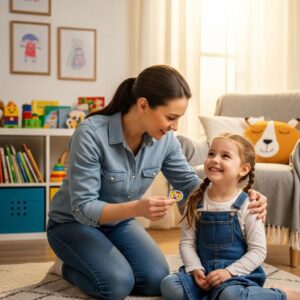 Parent praising child in a cozy home, illustrating positive reinforcement techniques