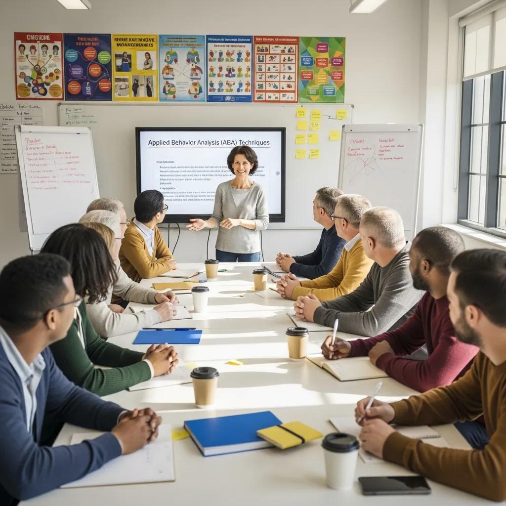 Parents and caregivers attending a workshop on Applied Behavior Analysis (ABA) techniques, engaging with a presenter in a classroom setting, surrounded by educational materials and resources.
