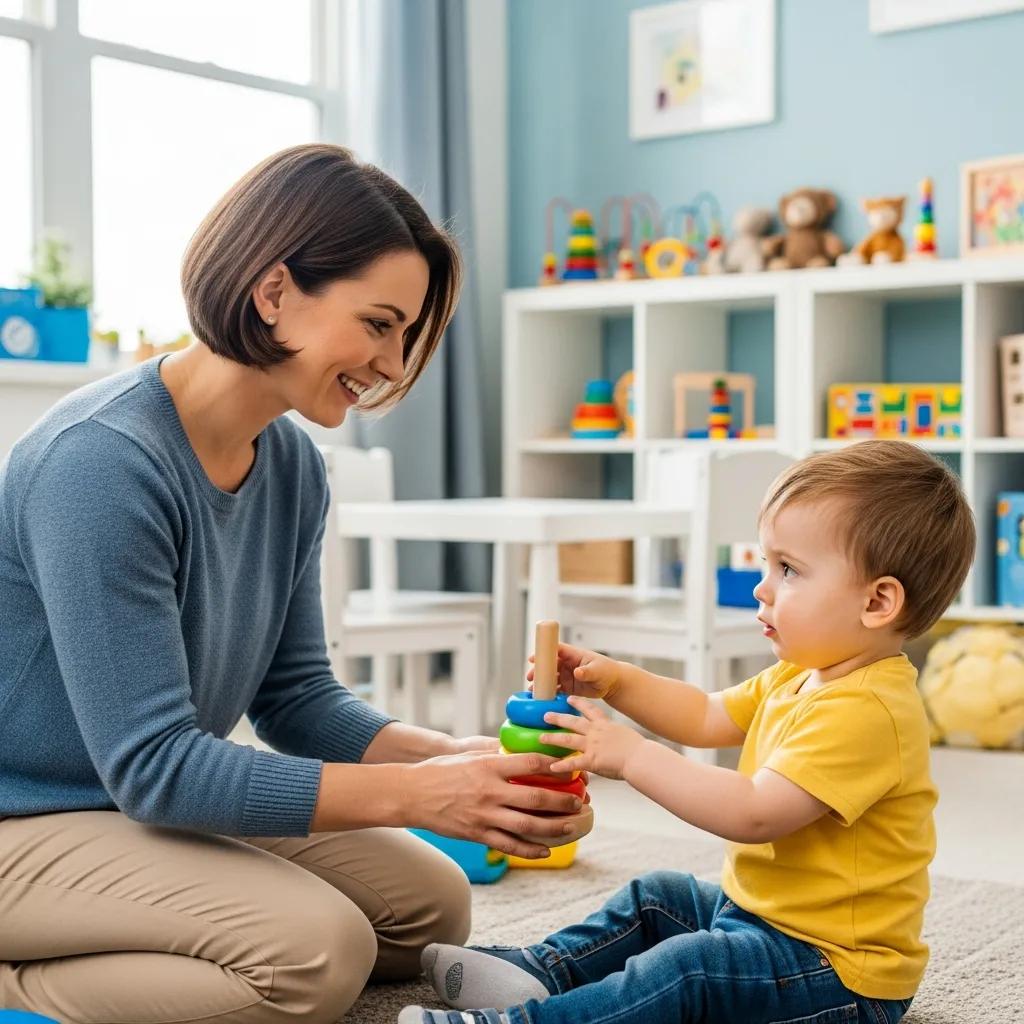 Professional conducting a behavioral assessment with a toddler in a child-friendly environment, emphasizing the assessment process