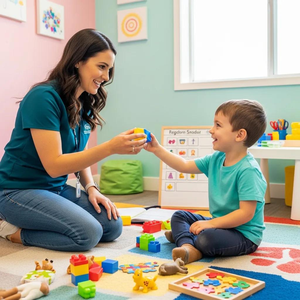Registered Behavior Technician engaging with a child during therapy session, using interactive play with building blocks in a colorful learning environment.