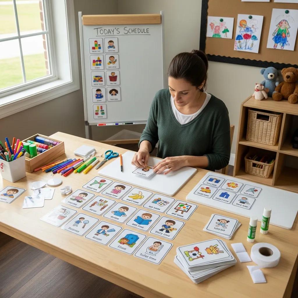 Teacher creating visual schedules with images for toddlers, illustrating the preparation process