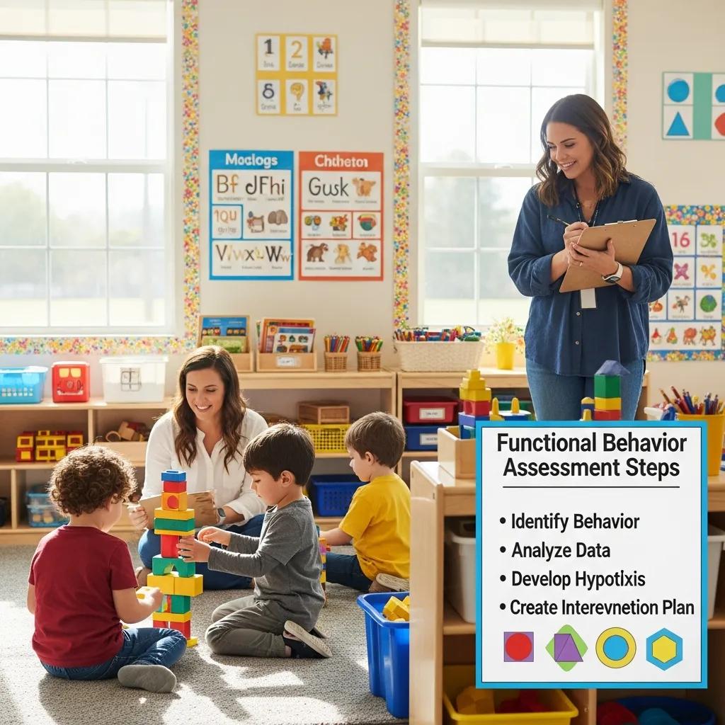 Teacher observing a child during a Functional Behavior Assessment in a bright classroom