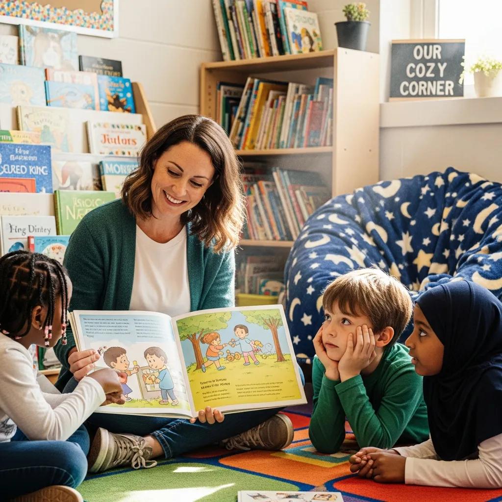 Teacher reading a social story to children in a classroom, promoting social skills and understanding