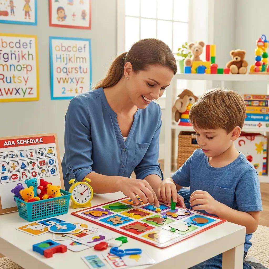 Therapist and child engaged in ABA therapy activities in a colorful learning environment