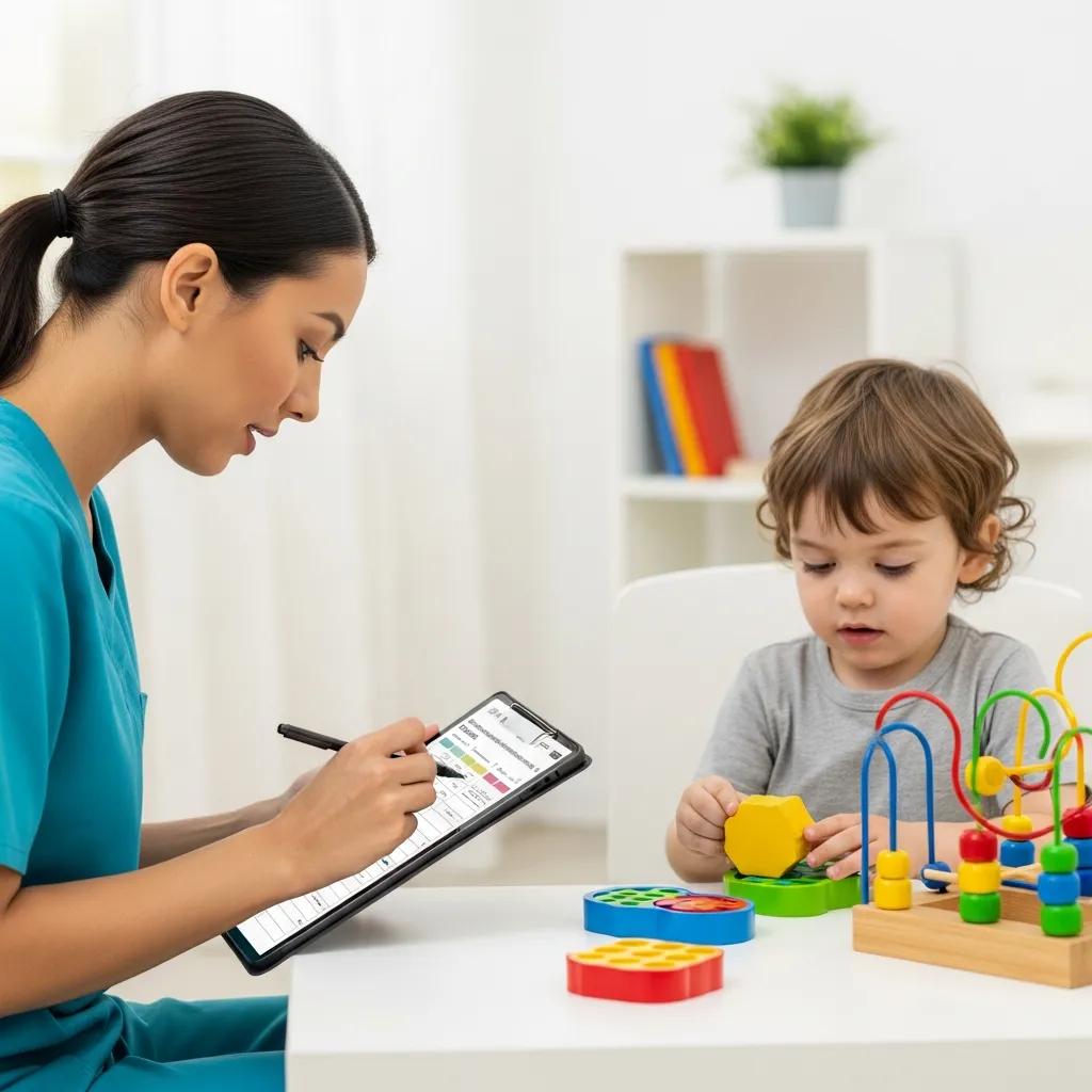 Terapeuta recolectando datos conductuales durante una sesión de terapia ABA con un niño