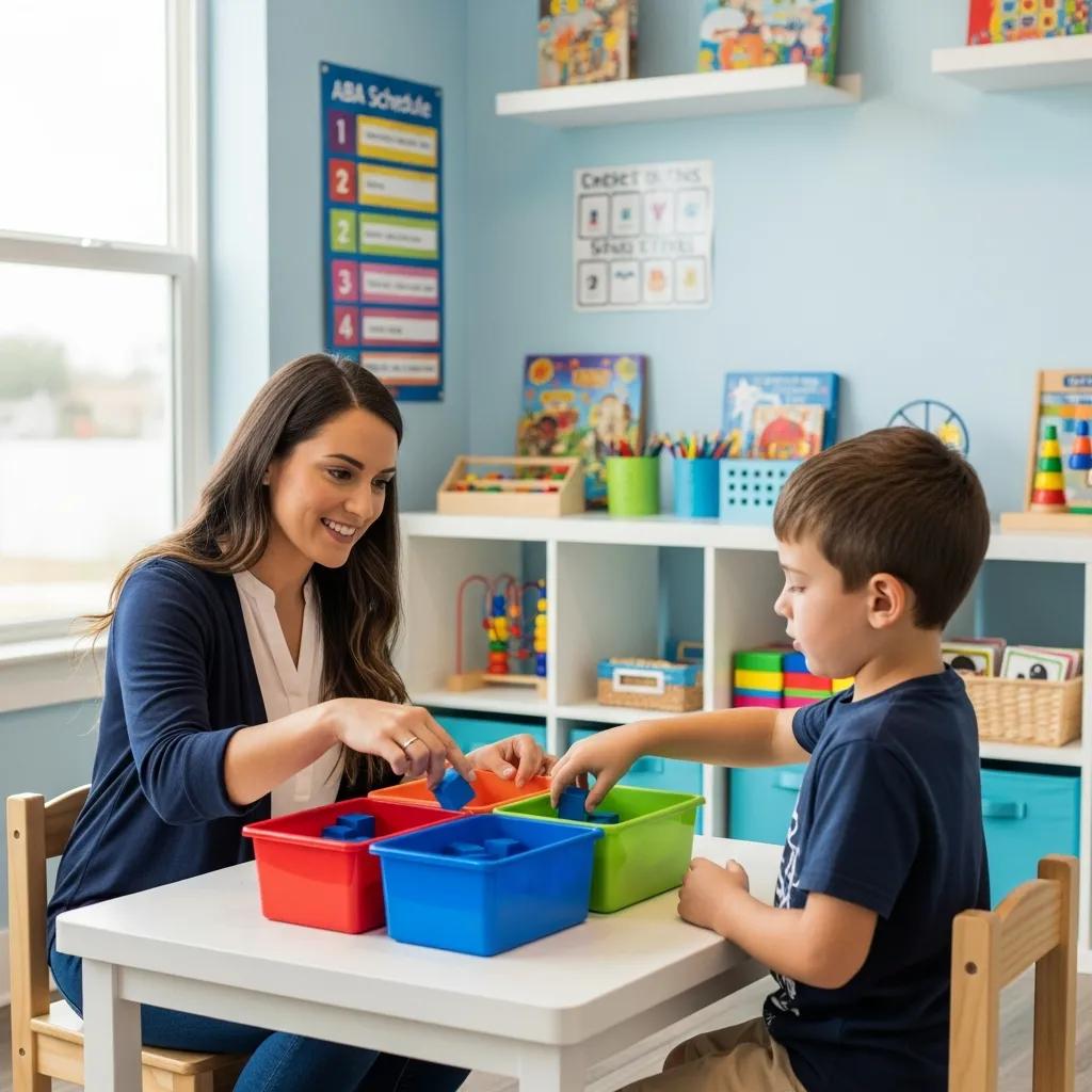 Therapist conducting a structured ABA therapy session with a child at home