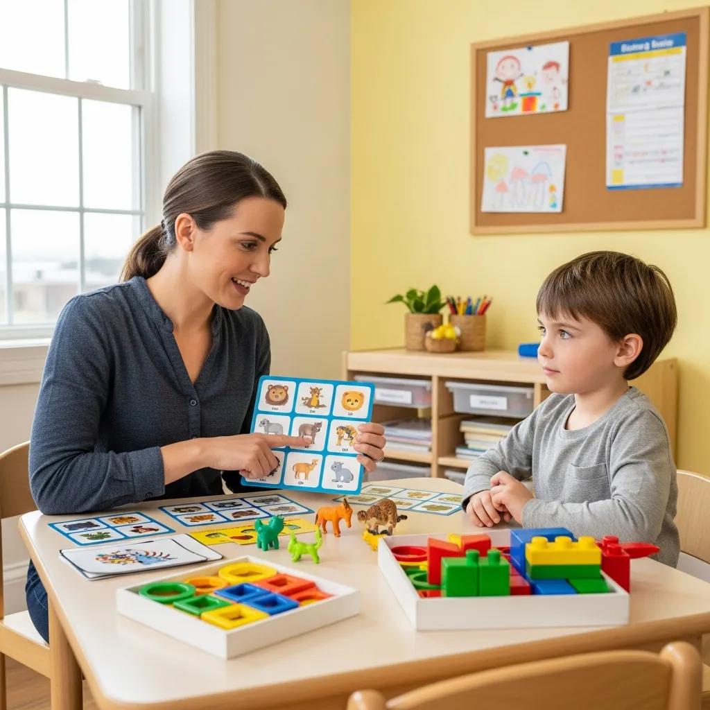 Therapist conducting Discrete Trial Training with a child at a table, enhancing behavioral progress