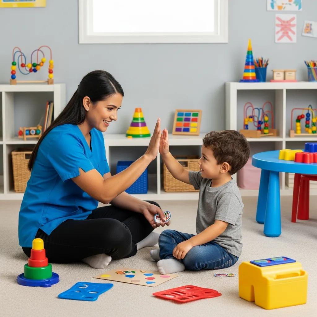 Therapist engaging with a child during an ABA therapy session in a structured environment