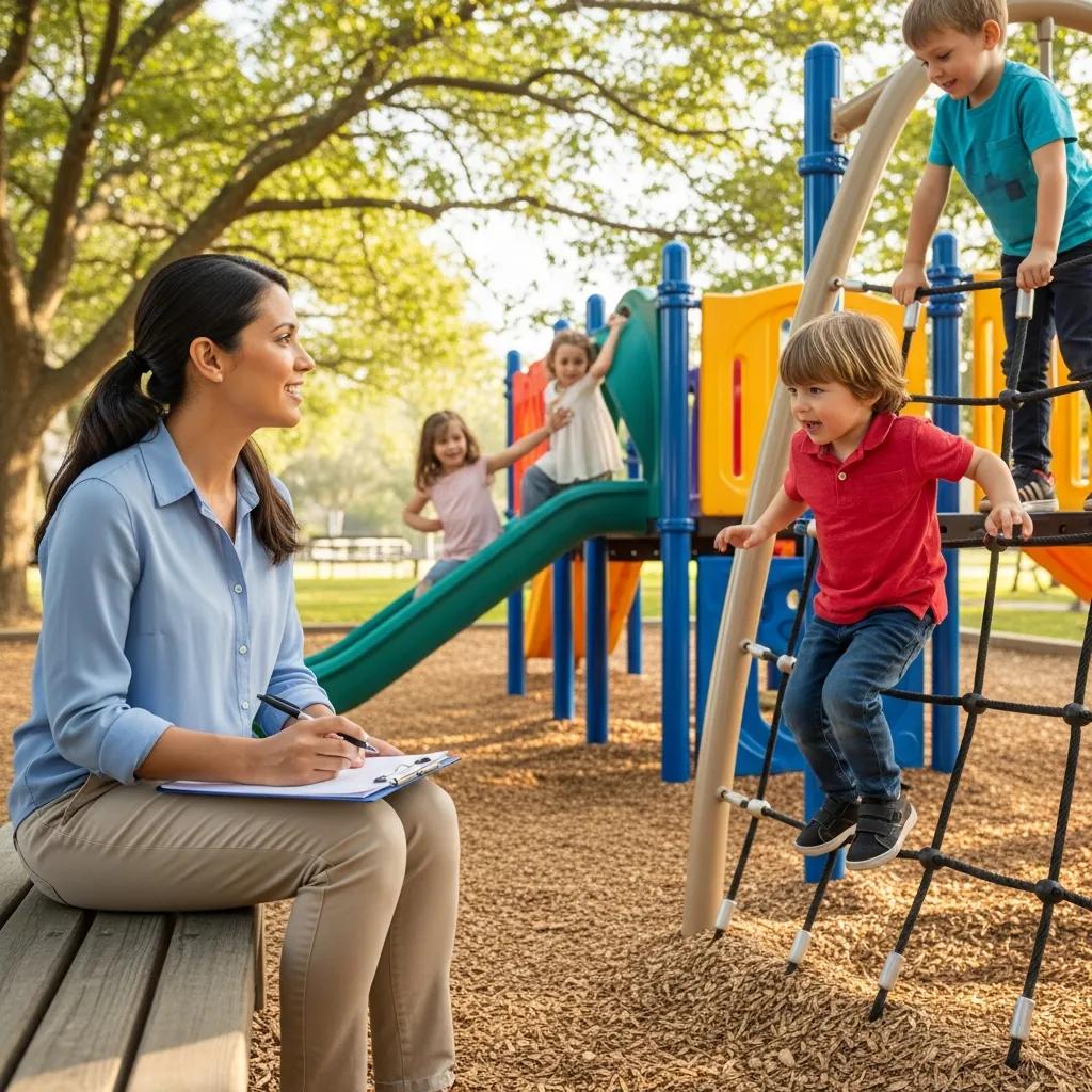 Therapist observing children playing on a playground during a functional behavior assessment, with a focus on social interactions and developmental progress.