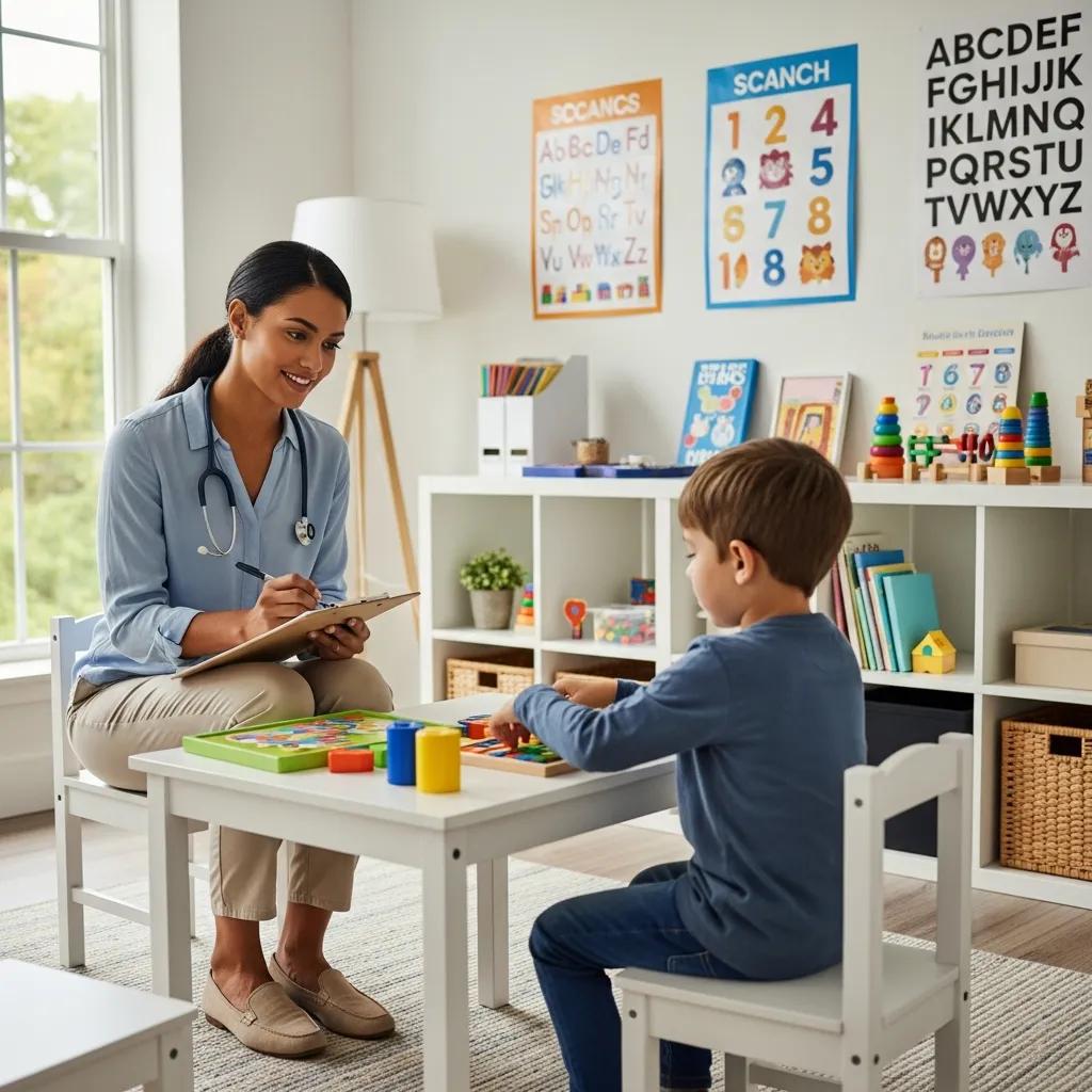 Therapist observing and taking notes during an ABA therapy session with a child