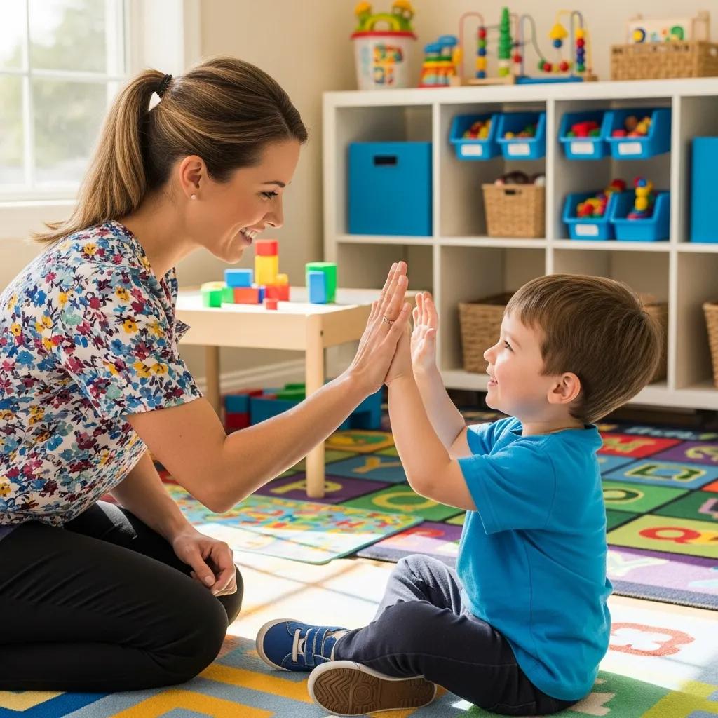 Terapeuta utilizando técnicas de ABA con un niño pequeño, mostrando el refuerzo positivo en un entorno de aprendizaje lúdico