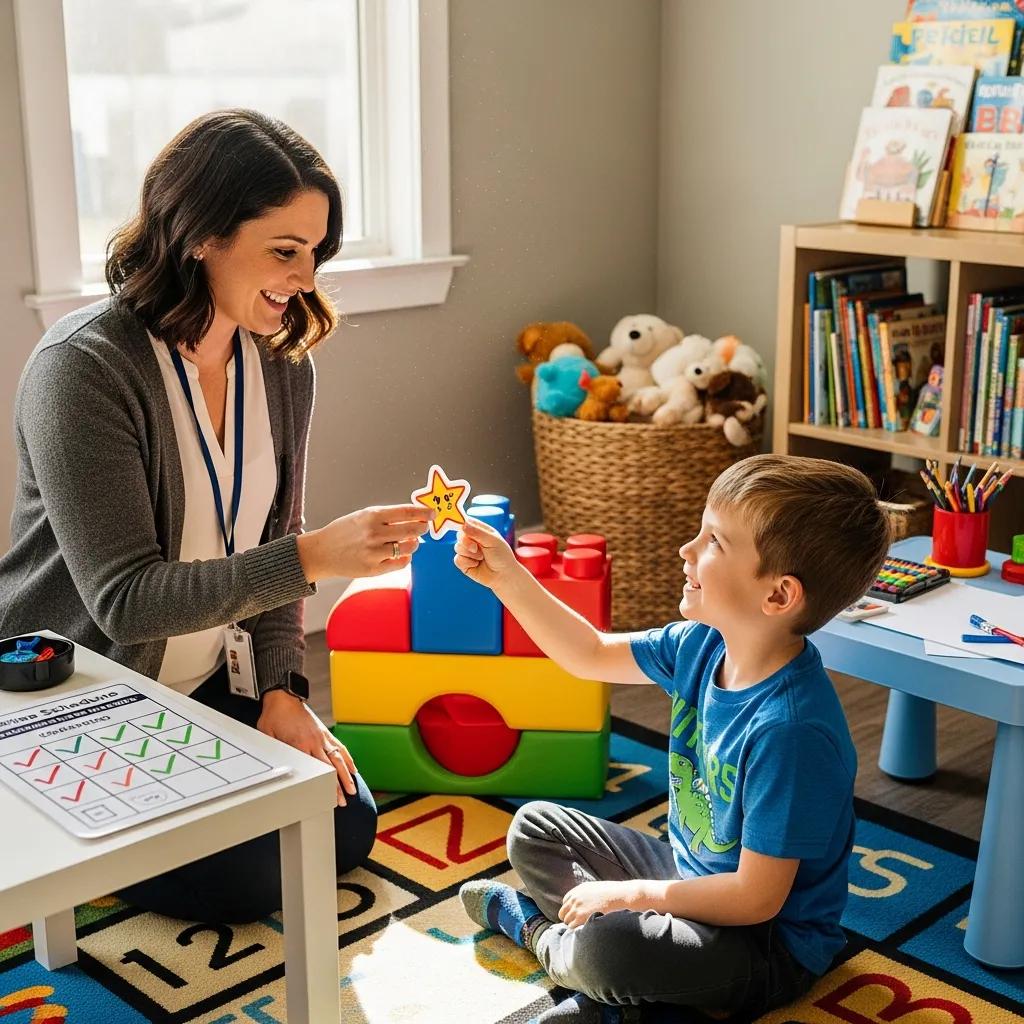 Therapist using positive reinforcement techniques with a child, showcasing applied behavior analysis in action