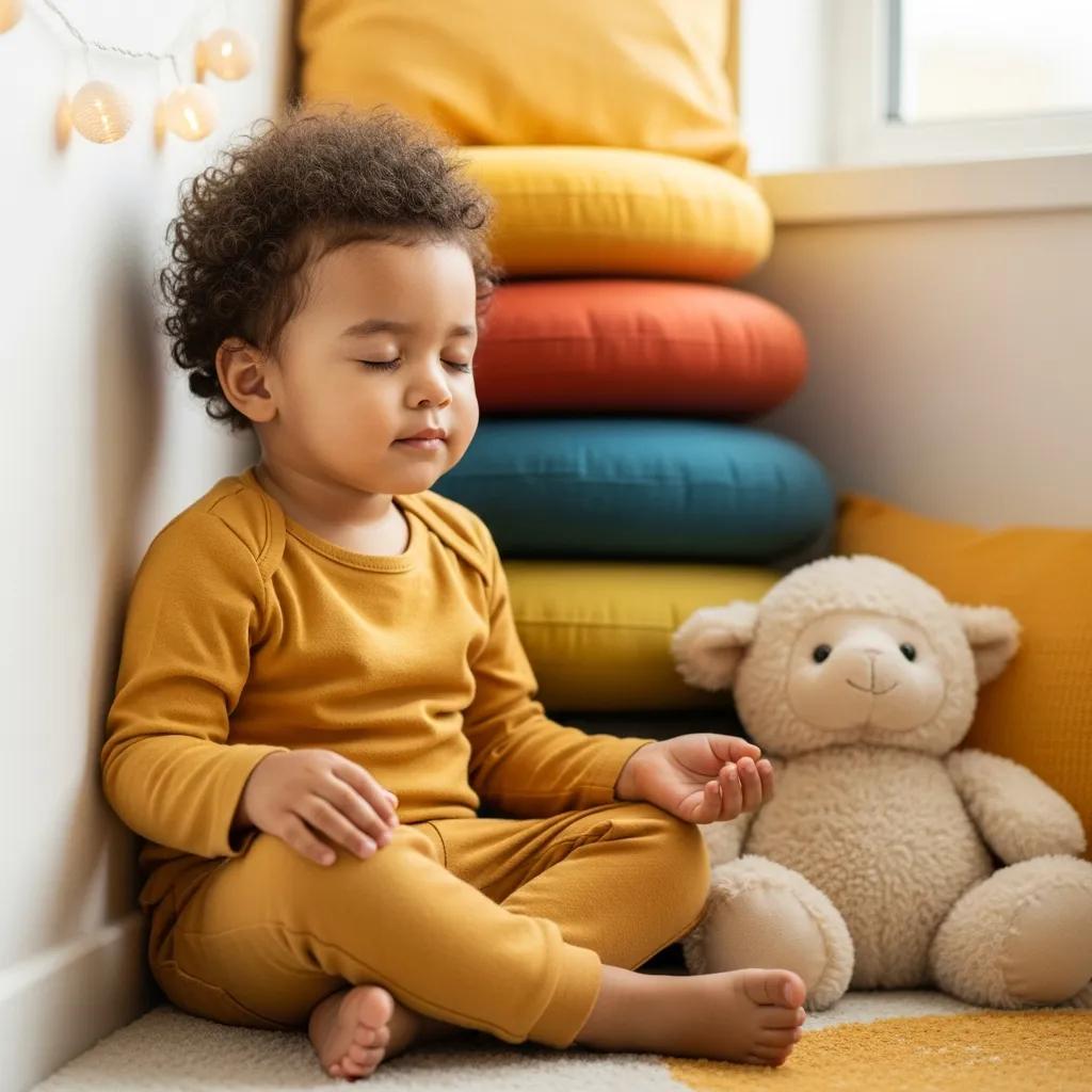 Toddler practicing emotional regulation techniques in a calming classroom environment