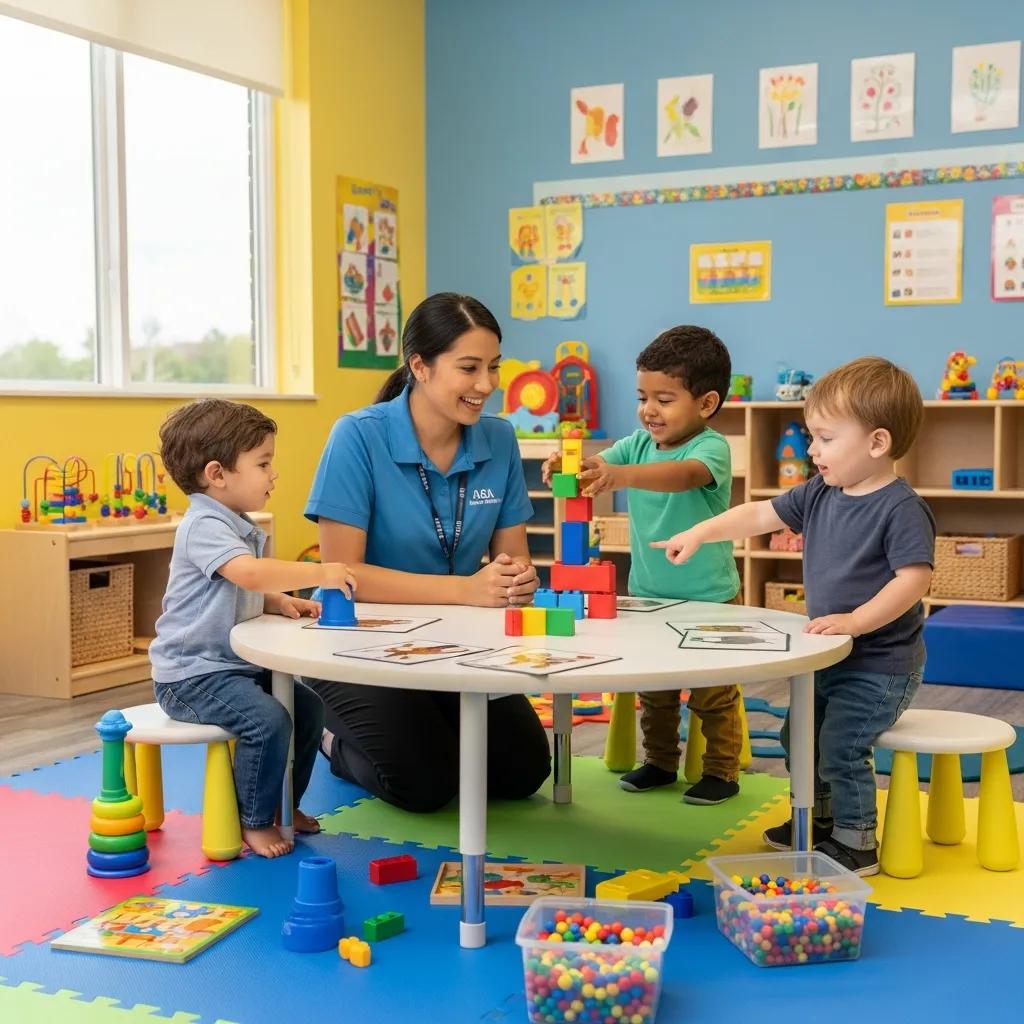 Toddlers engaged in structured play with a therapist in a colorful ABA therapy setting