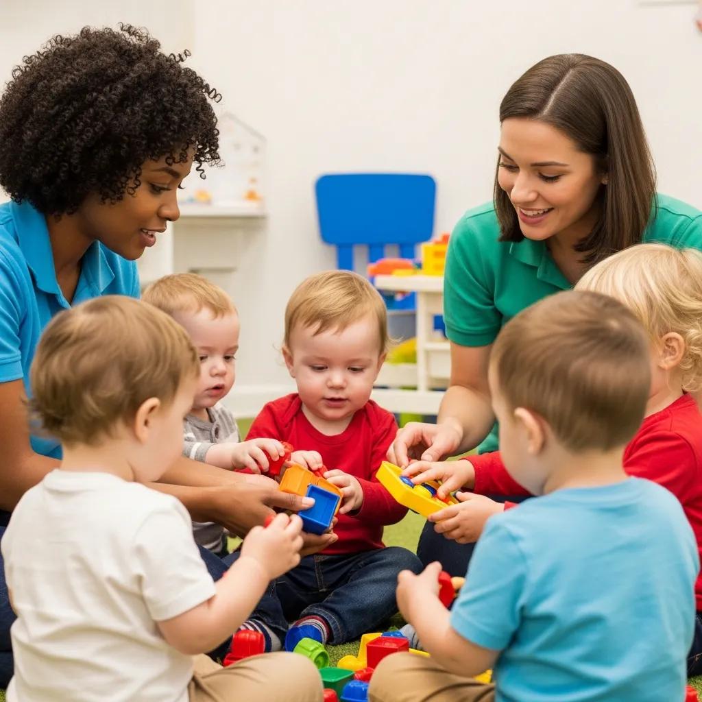 Toddlers engaging in structured play activity with therapists, showcasing social interaction and developmental milestones in a colorful educational setting.